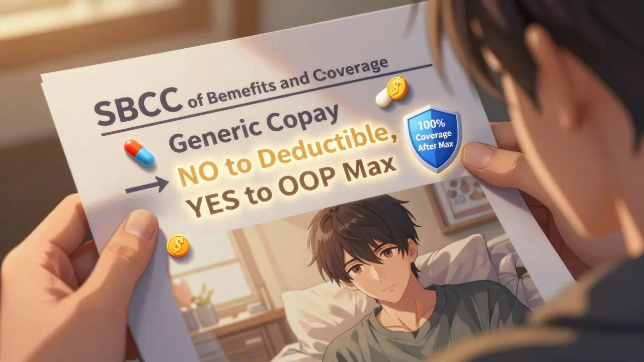 Hand opening health plan document with glowing text explaining copay rules, surrounded by symbolic icons of insurance coverage.