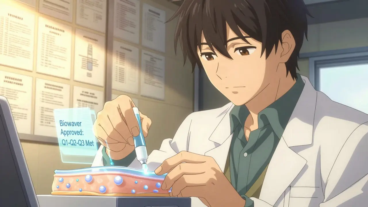 Hands applying topical cream with holographic biowaiver confirmation and permeation visualization.