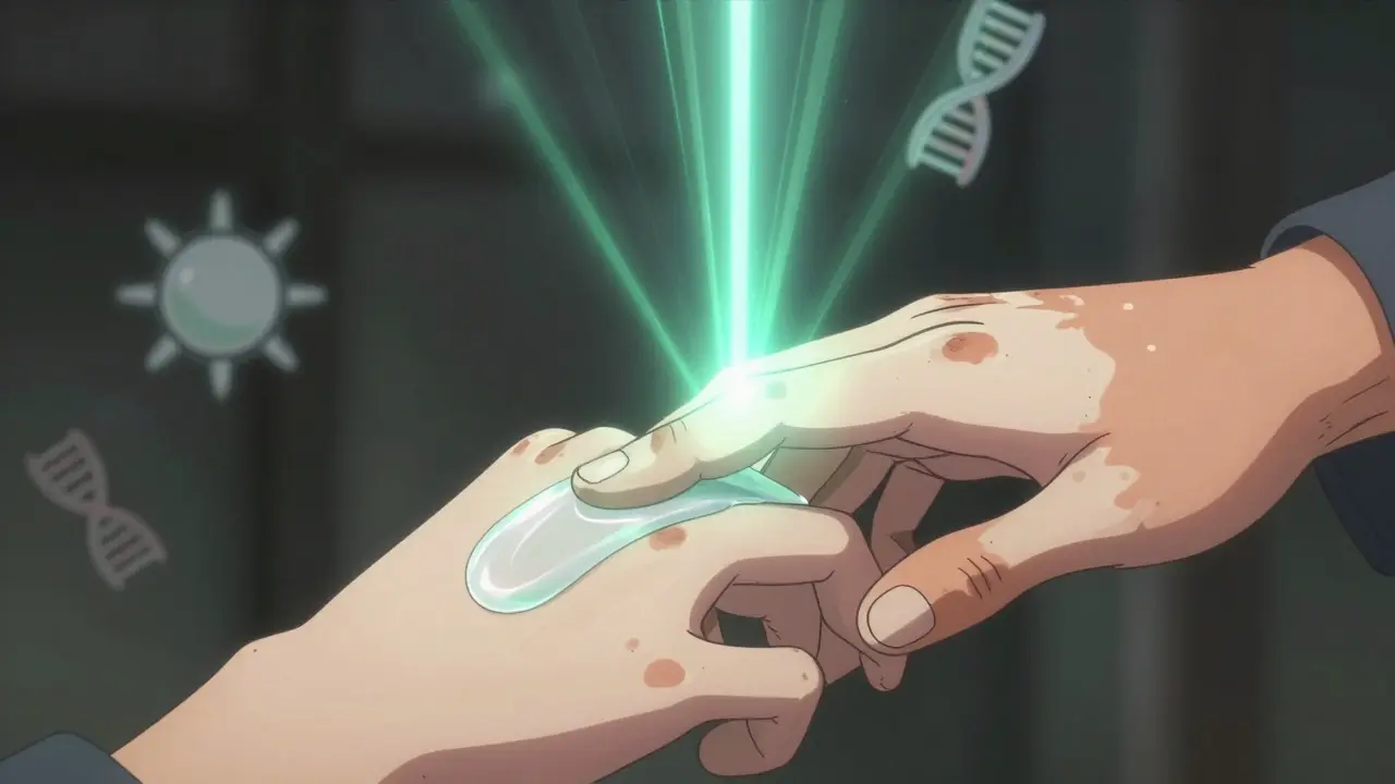 Hands touched by glowing cream and UV light, symbolizing combined vitiligo treatment.