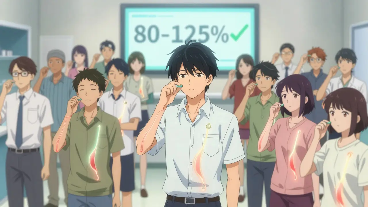 Healthy volunteers in a clinical trial with synchronized blood concentration curves for generic and brand drugs.