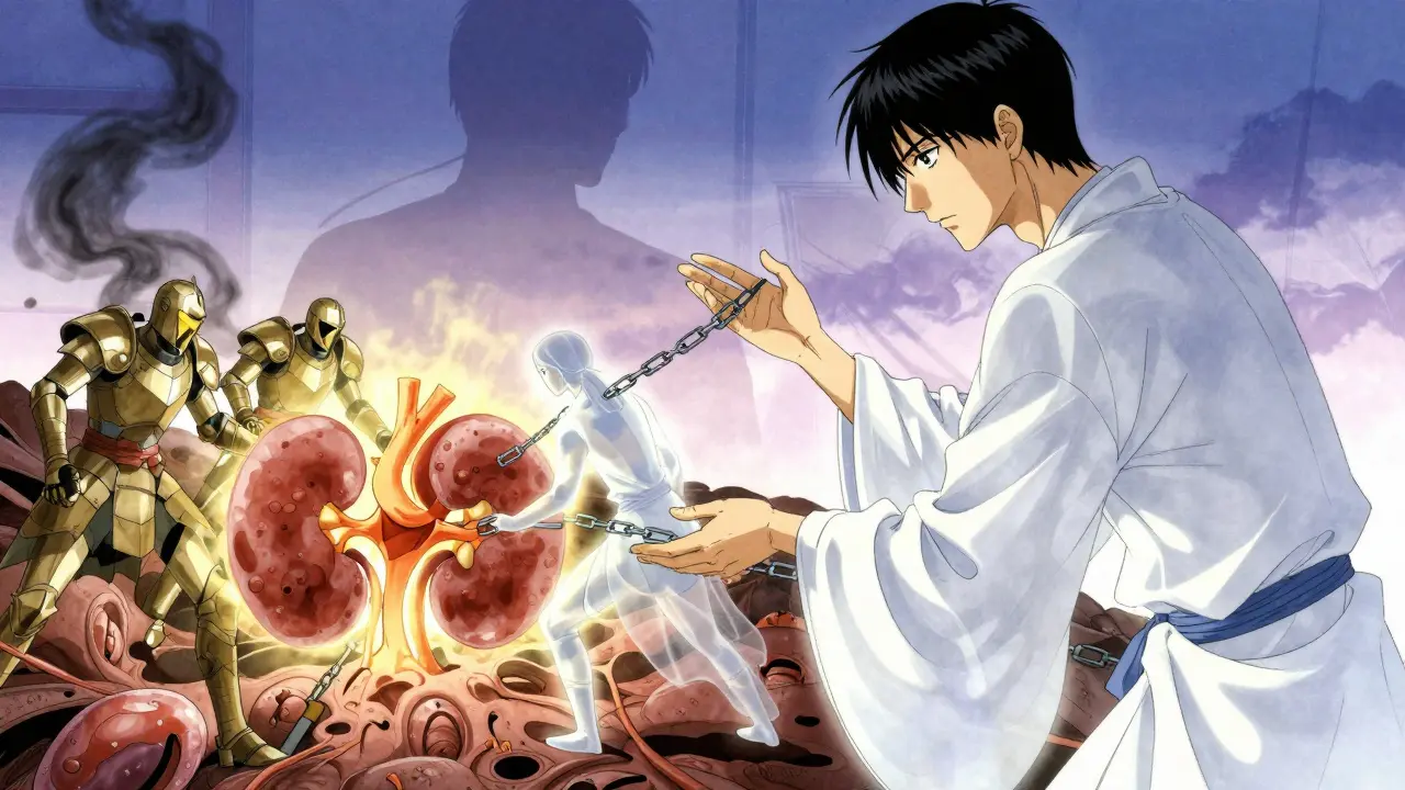 Internal battle between immune warriors and immunosuppressant figures protecting a glowing organ, stylized anime scene