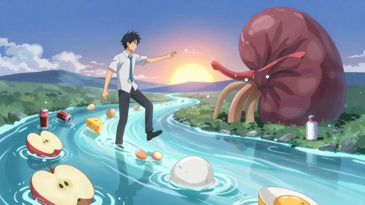 Man walking safely past harmful foods toward a kidney-shaped mountain under glowing nutrients.