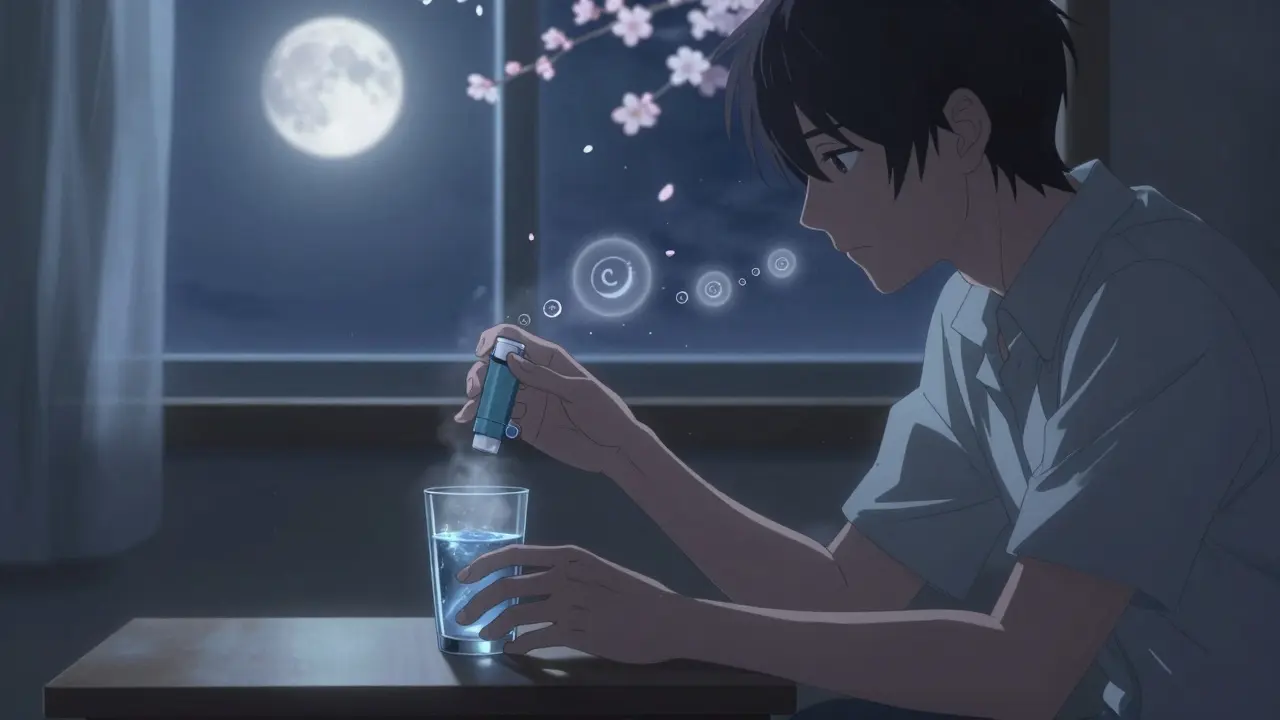 Nighttime scene of an inhaler and glass of water on a bedside table, moonlight and floating blossoms symbolizing consistent care.