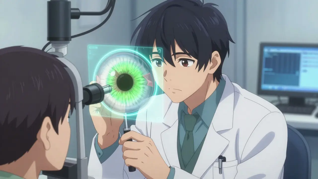 Ophthalmologist examining eye with holographic ulcer overlay, clinical setting, focused expression.