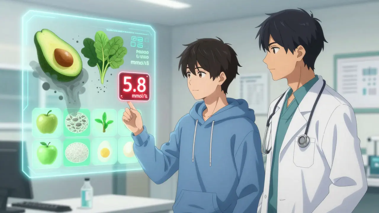 Patient and doctor viewing a high potassium blood reading with food symbols dissolving in anime style.