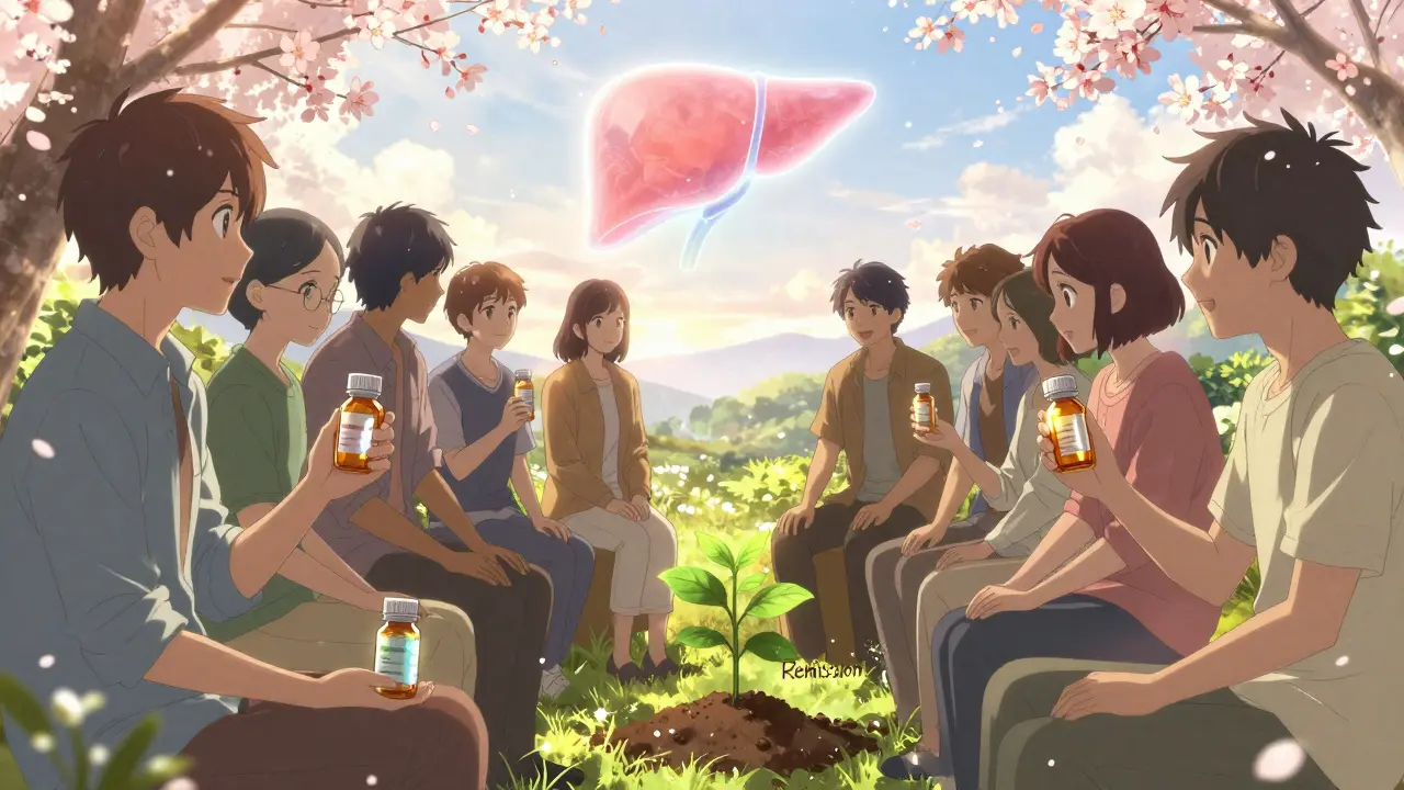 Patients in a garden holding pill bottles, planting a remission sapling under soft sunlight and falling blossoms.