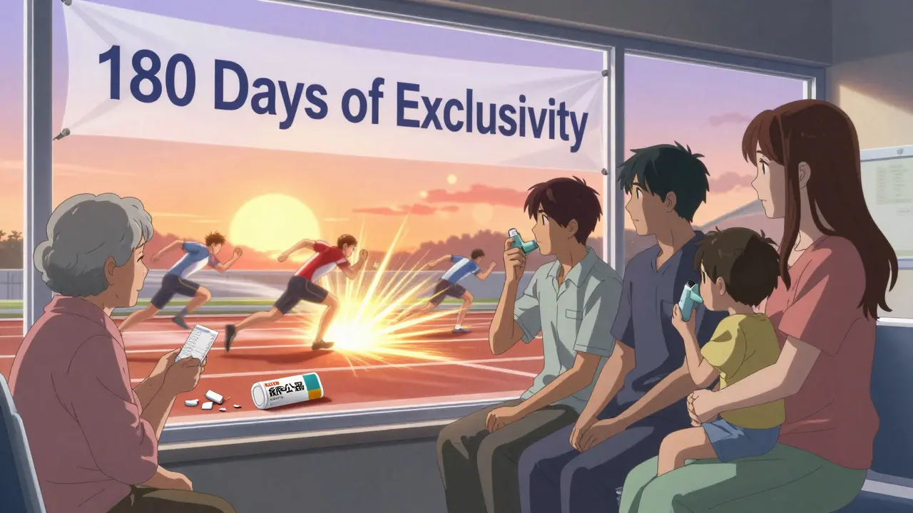 Patients in a pharmacy waiting room looking toward a window where generic drug logos race to launch after patent expiry.