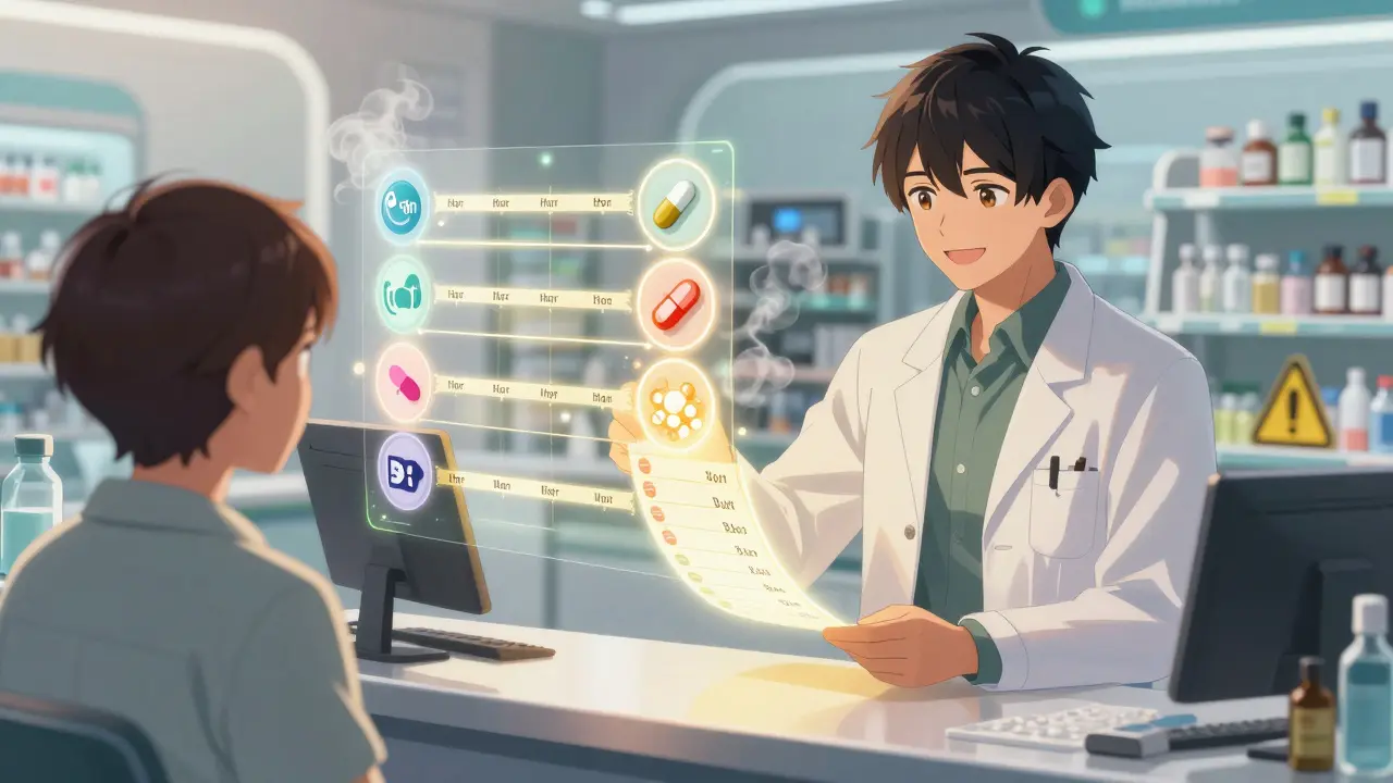 Pharmacist giving patient a glowing timing schedule for medications with animated mineral icons.