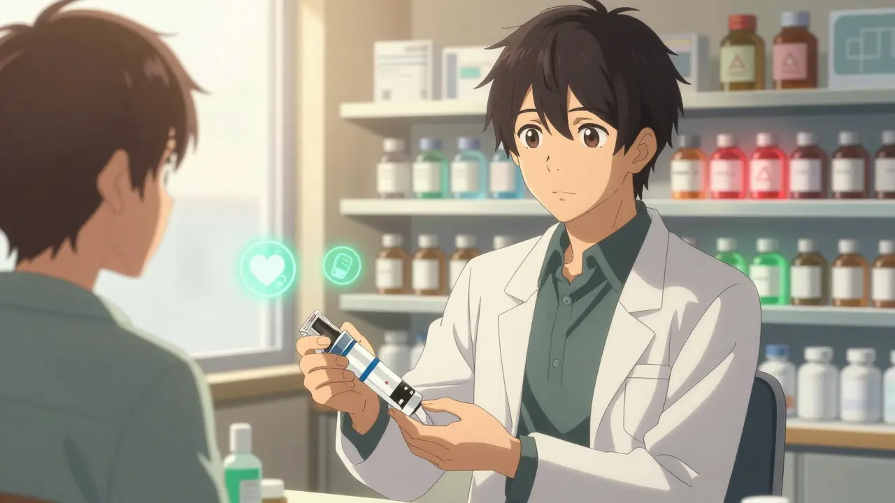 Pharmacist handing safe replacement medication to patient in a glowing pharmacy