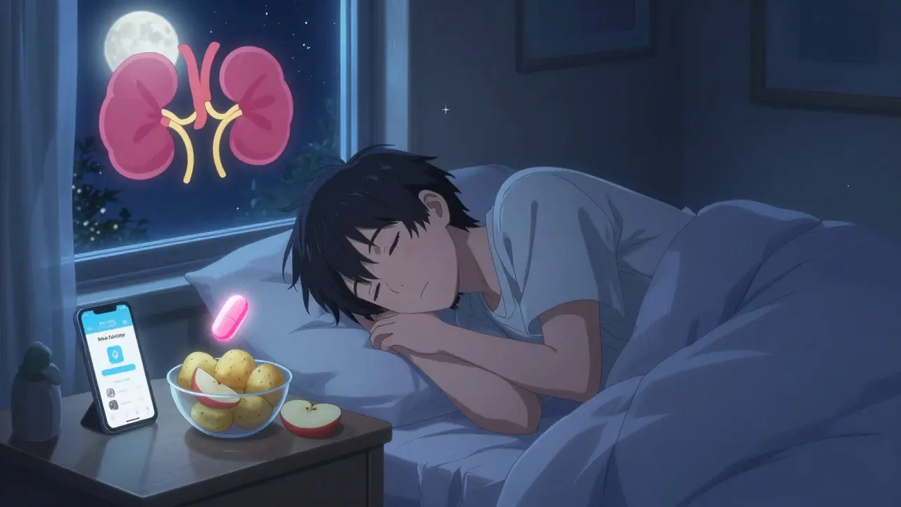 Sleeping man with potassium binder pill and diet app glowing softly under moonlight in anime style.