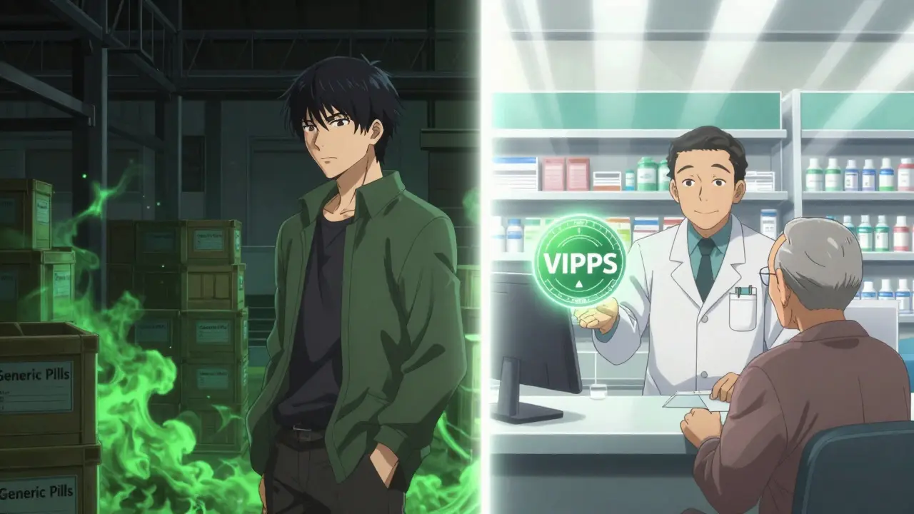Split scene: dark counterfeit warehouse vs. bright legitimate pharmacy with VIPPS seal.