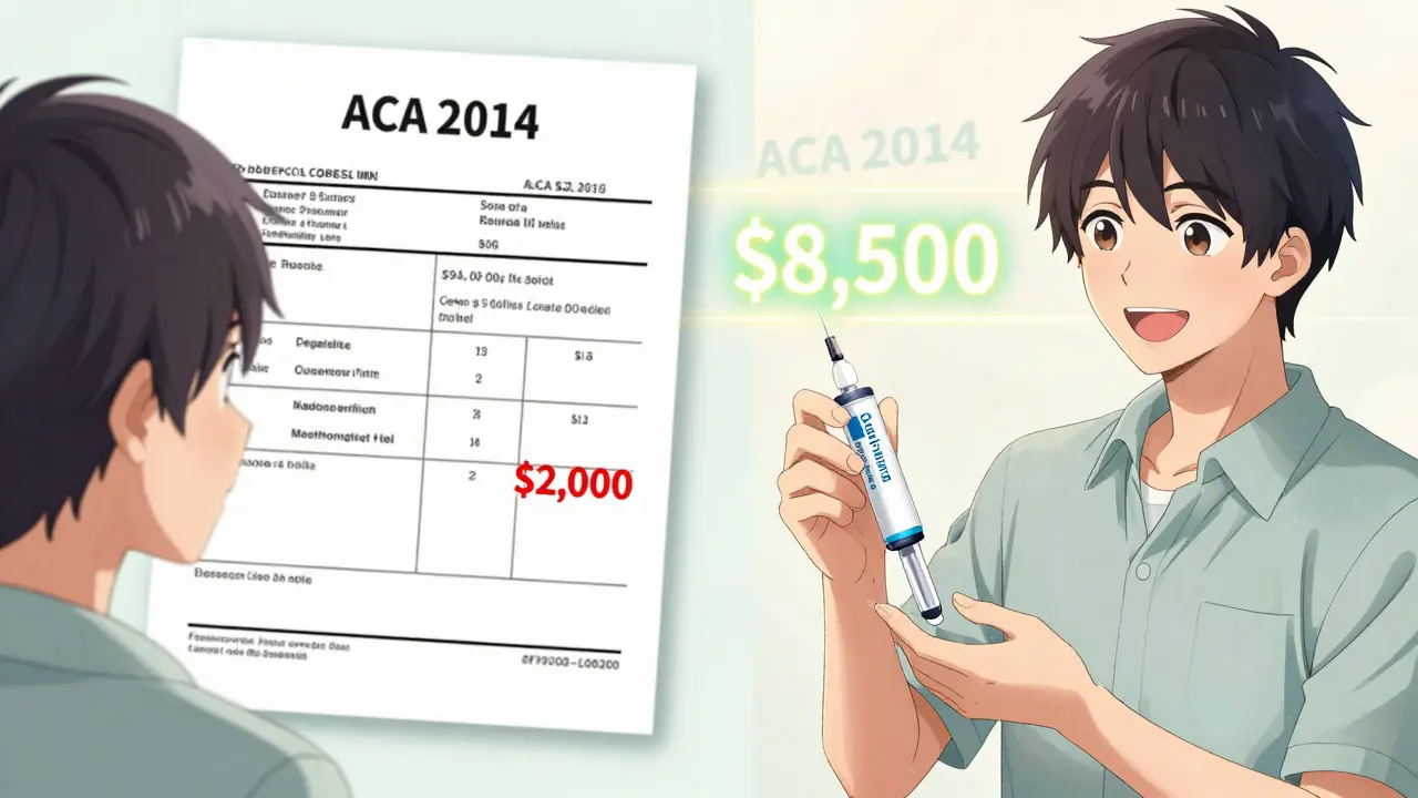 Split scene: person shocked by deductible bill on one side, relieved by free medication on the other, with rising out-of-pocket counter.