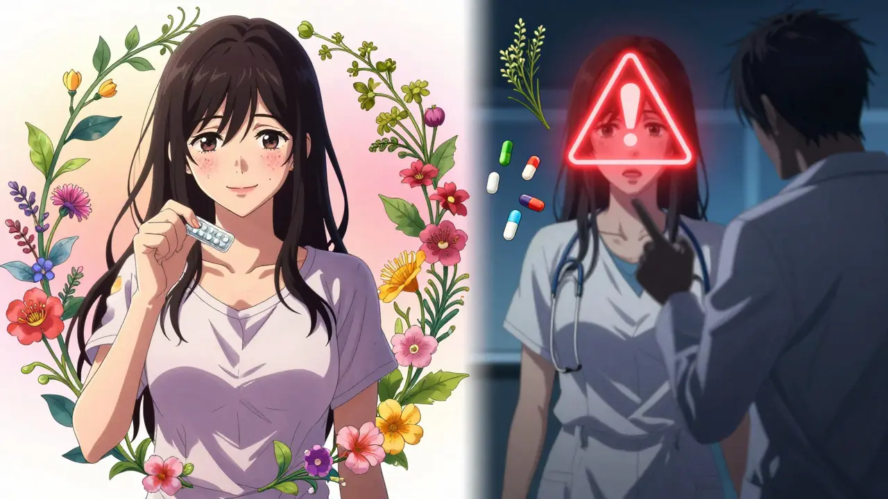 Split scene showing benefits of birth control pills on one side and dangerous drug interactions on the other.