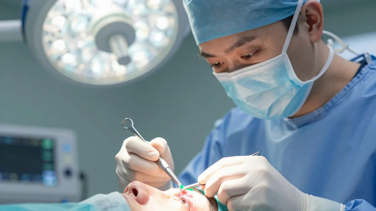 Surgeon performing eye surgery with delicate tissue graft, glowing solution nearby.