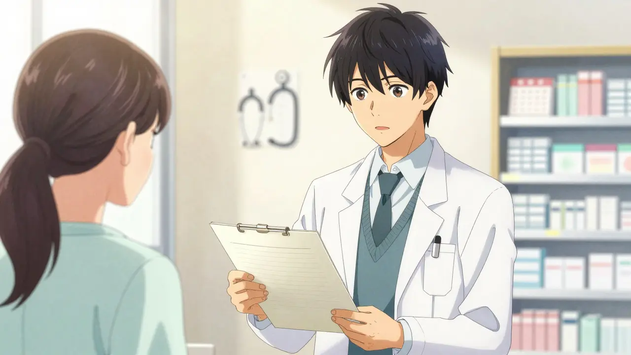 Teen speaking confidently to a doctor while holding his medical chart.