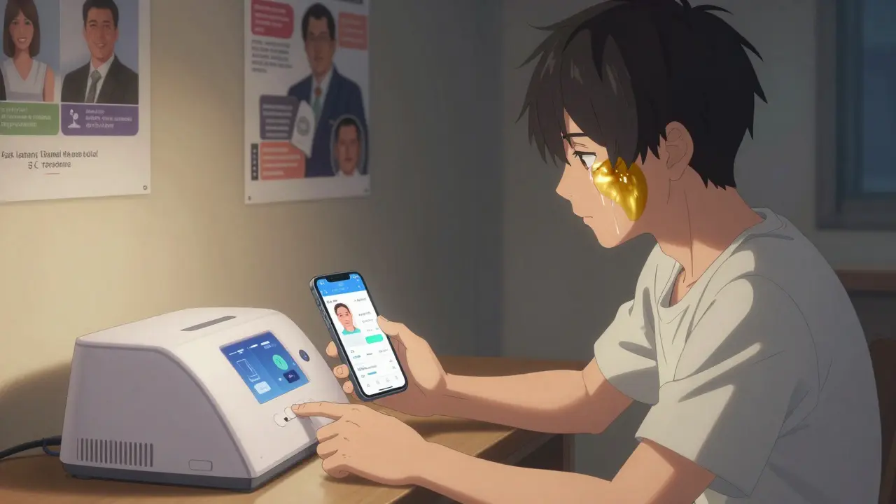 Teen using home phototherapy device with AI app tracking skin repigmentation.