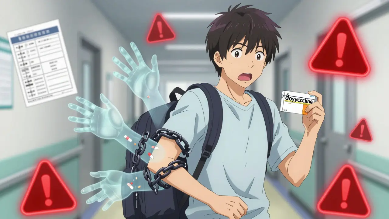 Teenager with antibiotic prescription surrounded by ghostly calcium and iron chains binding his arm.