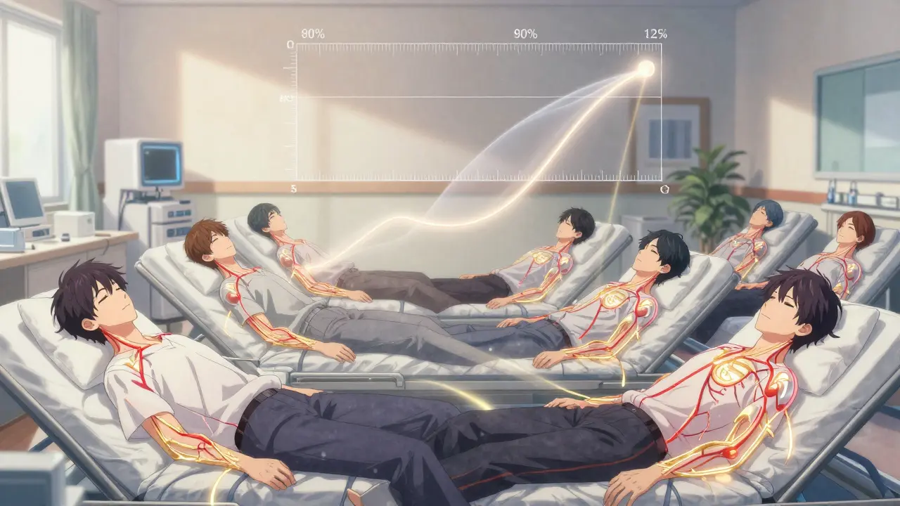 Volunteers in a study with glowing blood curves forming a confidence interval between 80% and 125%.