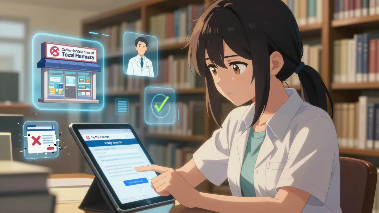 Woman verifying a pharmacy license on a tablet in a library, glowing icons surrounding her.