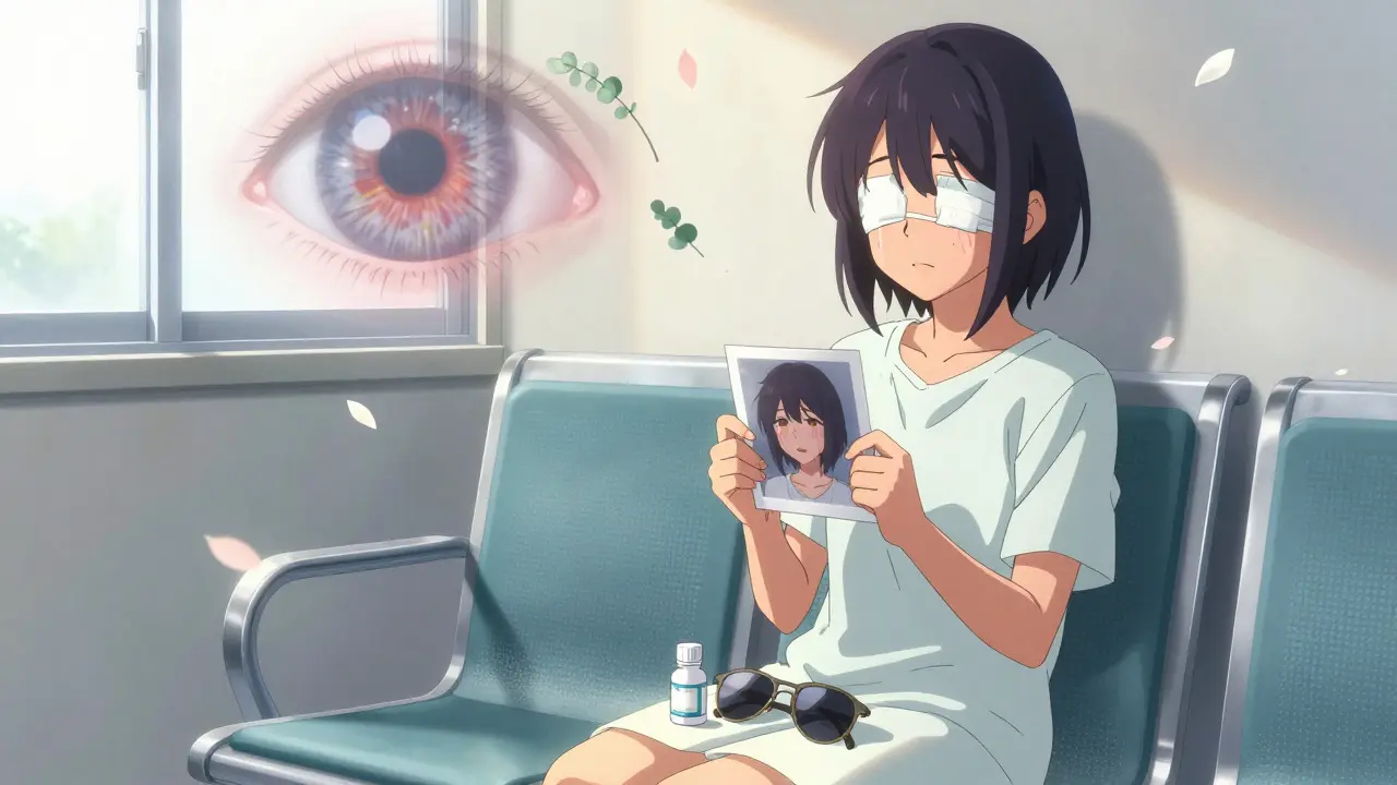 Woman with bandaged eyes holding photo, sunglasses and eye drops beside her, healing light radiating.