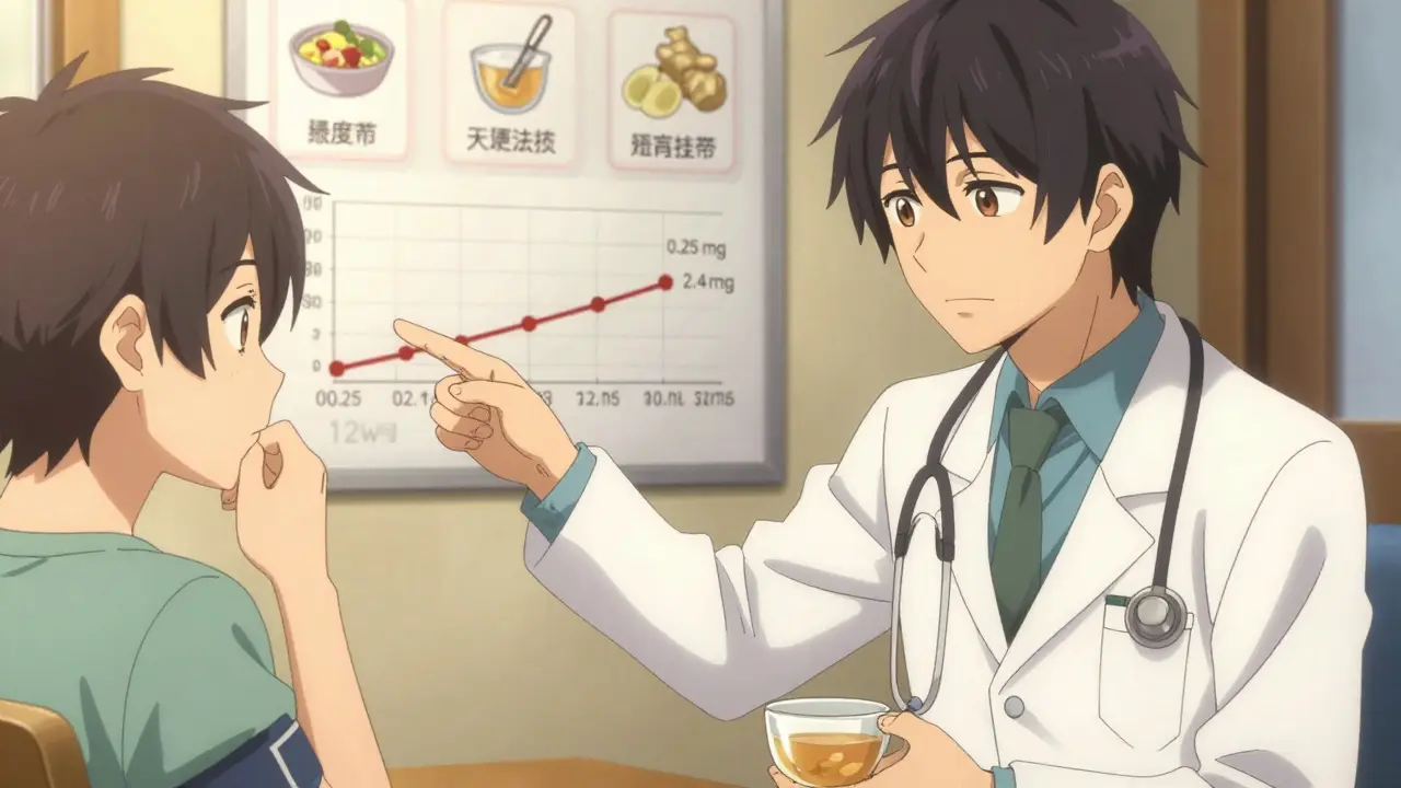 A doctor and patient discussing slow dose escalation for GLP-1 medication, with ginger and a journal visible.