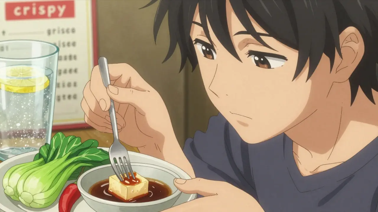 A hand dipping a fork into soy sauce on the side, eating steamed tofu and bok choy, with menu words faded in background.