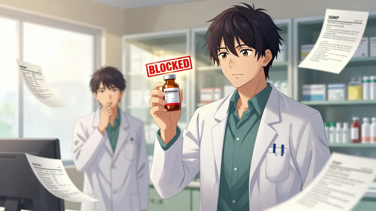 A pharmacist blocks a dangerous methotrexate dose while a doctor hesitates over an electronic order.