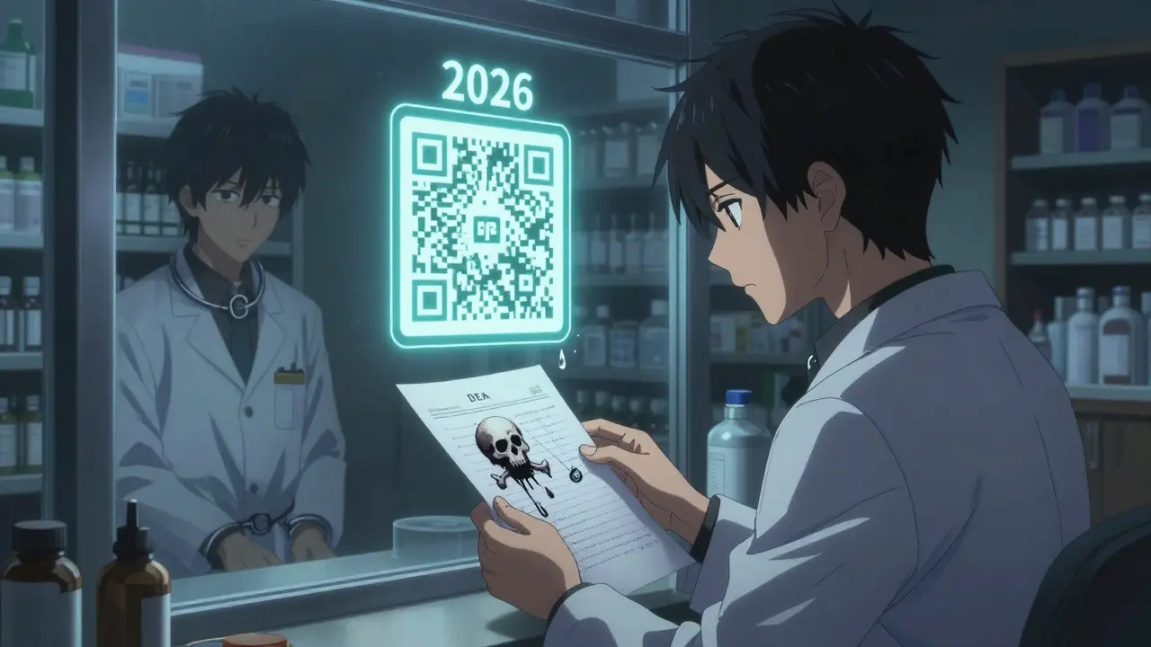 A pharmacist facing a morphing prescription into a skull, with a glowing 2026 DEA QR code above.