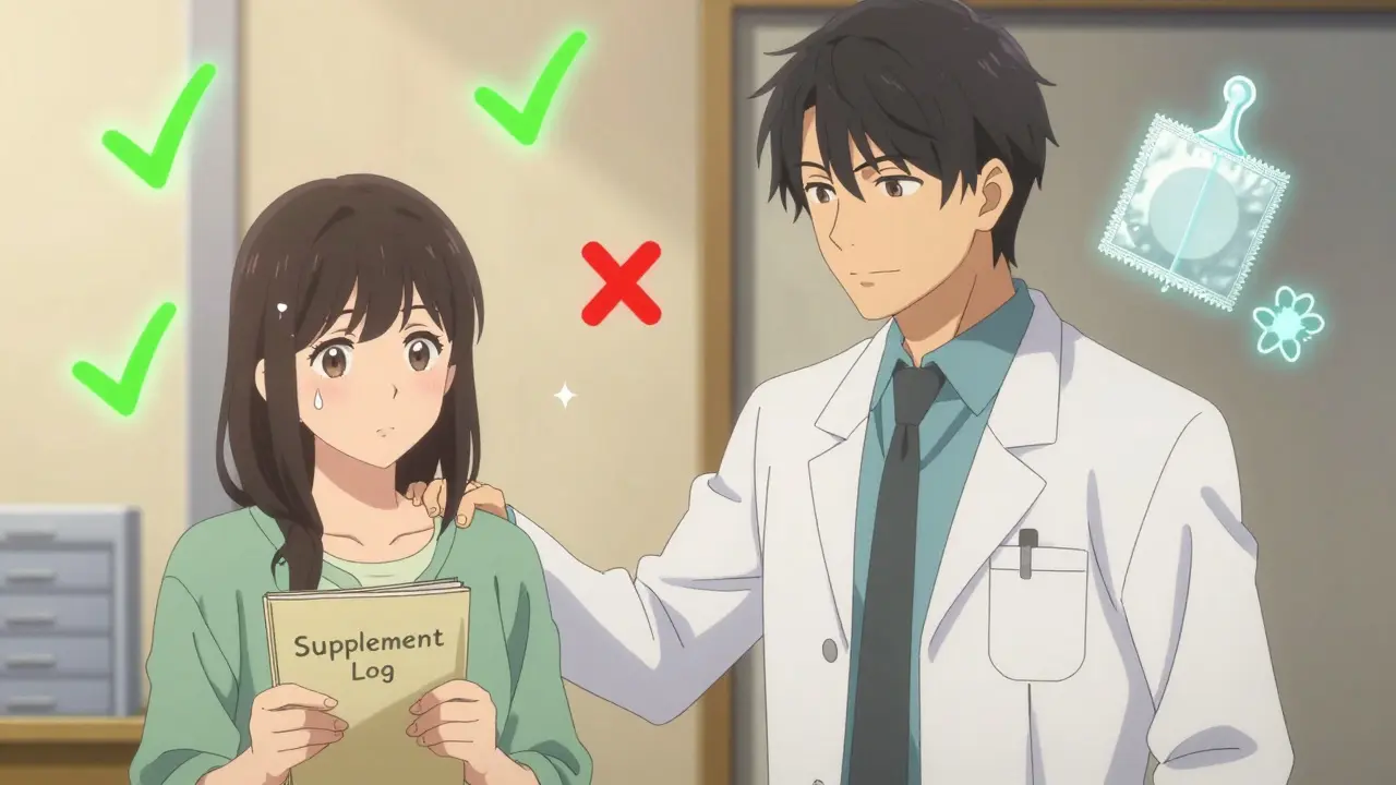 A pharmacist guiding a woman to safe supplements, with glowing icons of protected contraception options.