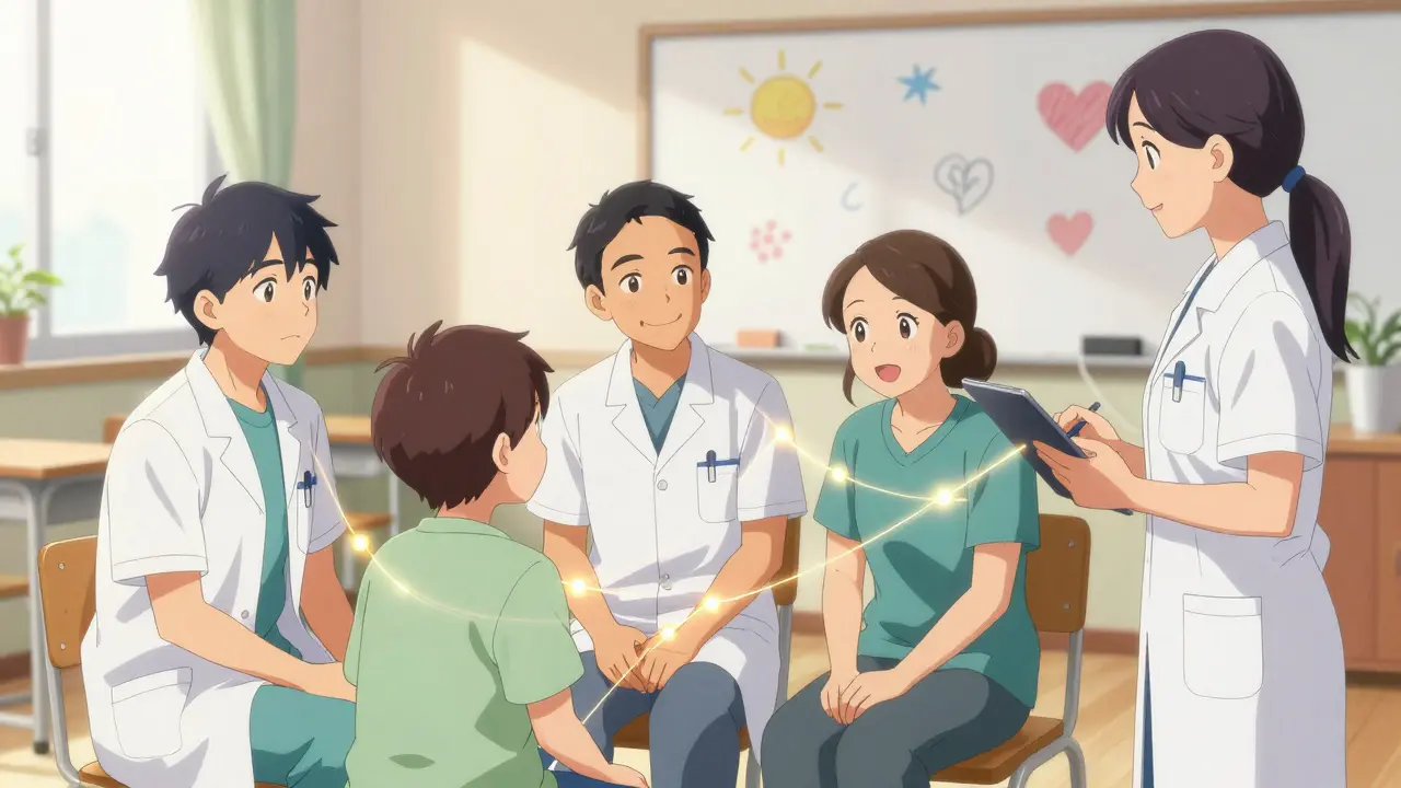 A supportive care team in a sunlit room, connected by golden threads, with a patient and family member sharing a calm moment.