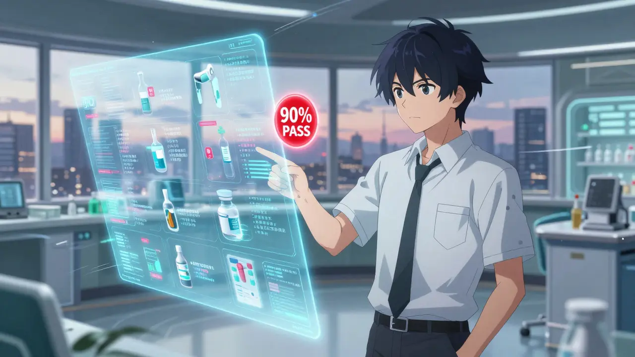 A technician faces a holographic database of 300+ drugs with a glowing 90% pass badge above them.
