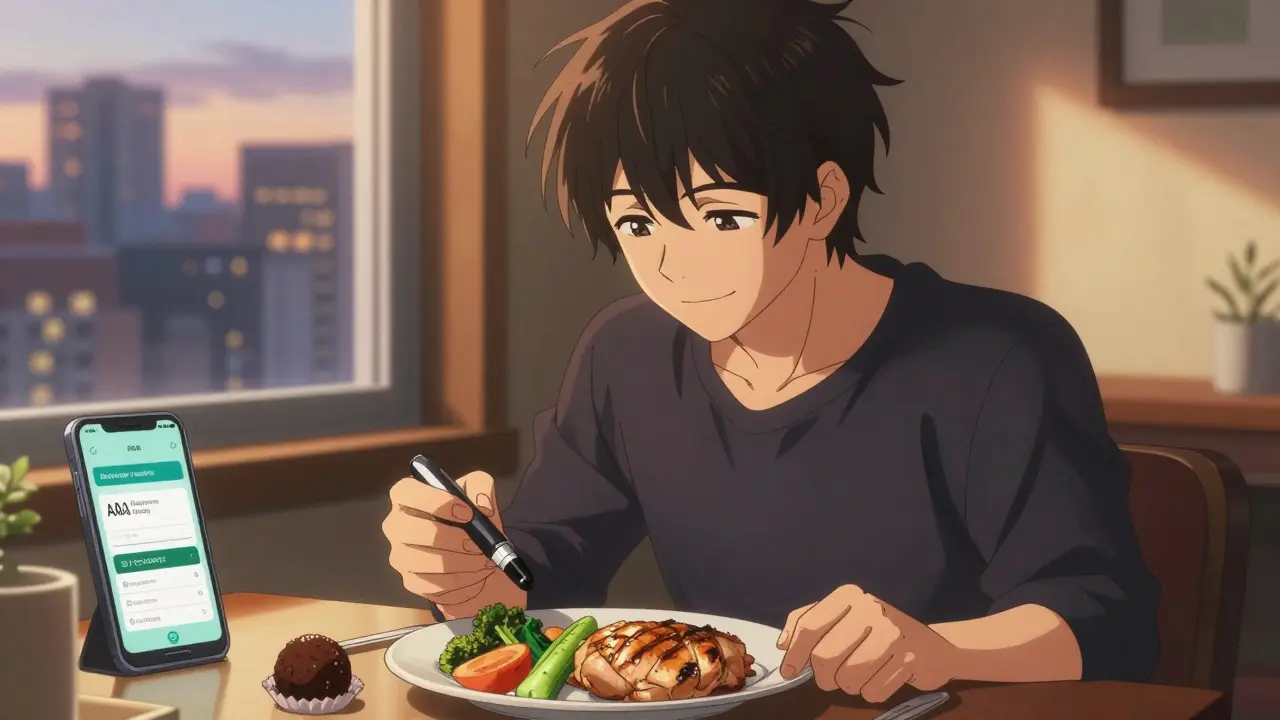 A young man checking his blood sugar after dinner, smiling beside a single dark chocolate truffle and vegetables.