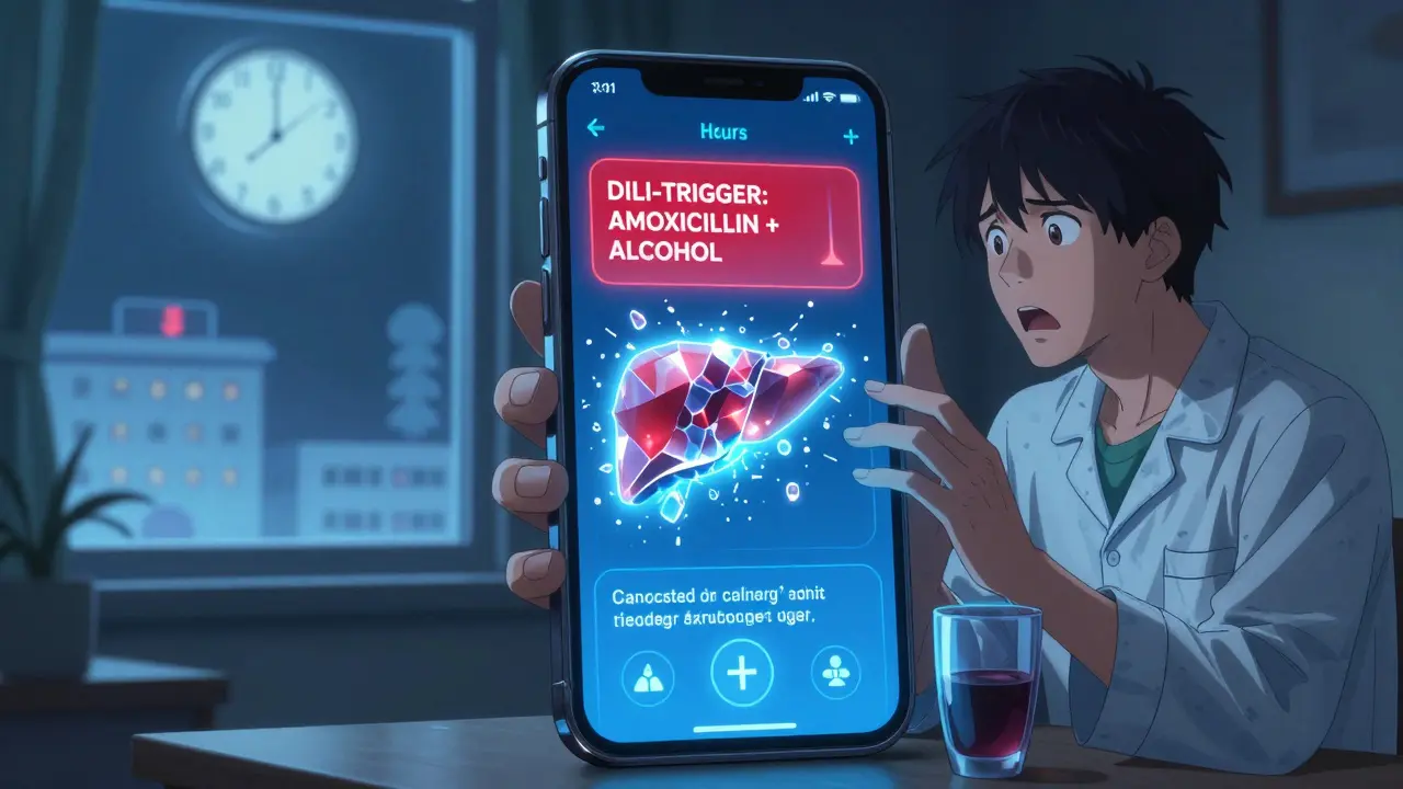 A young man stares at a smartphone alert warning of liver damage from medication and alcohol.