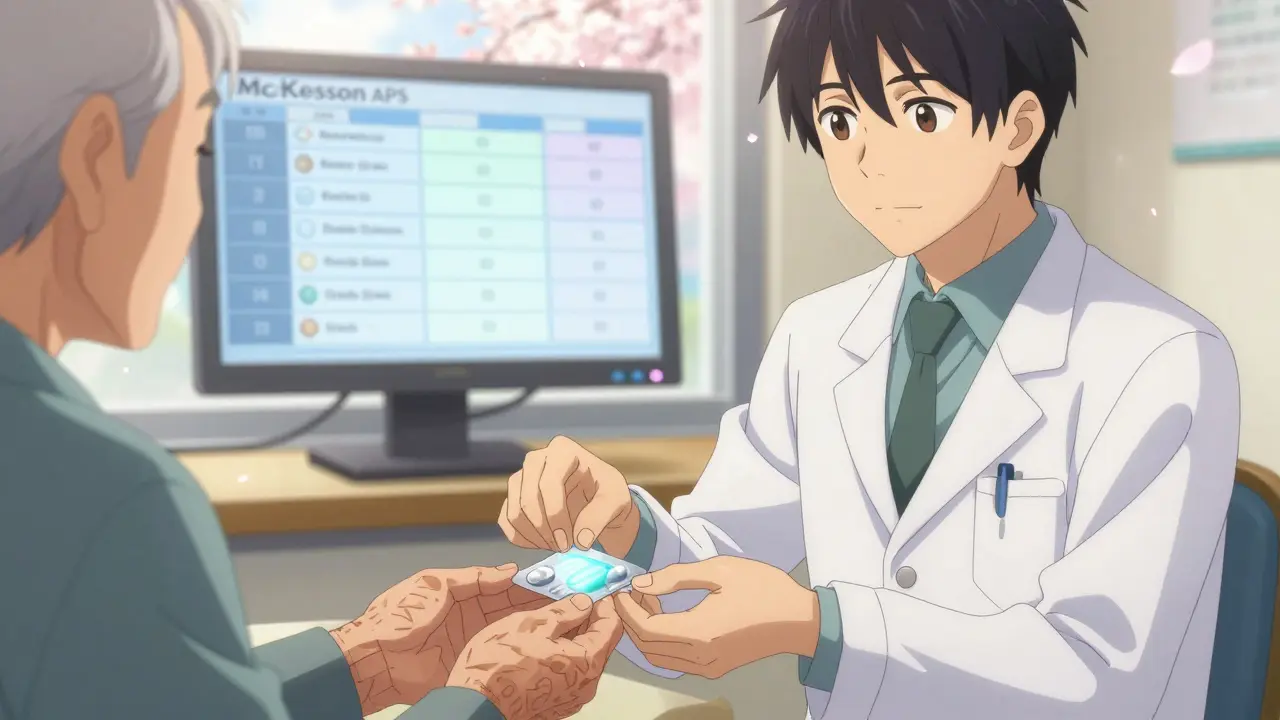 An elderly patient receiving a wireless blister pack from a pharmacist, digital adherence metrics glowing softly in the background.