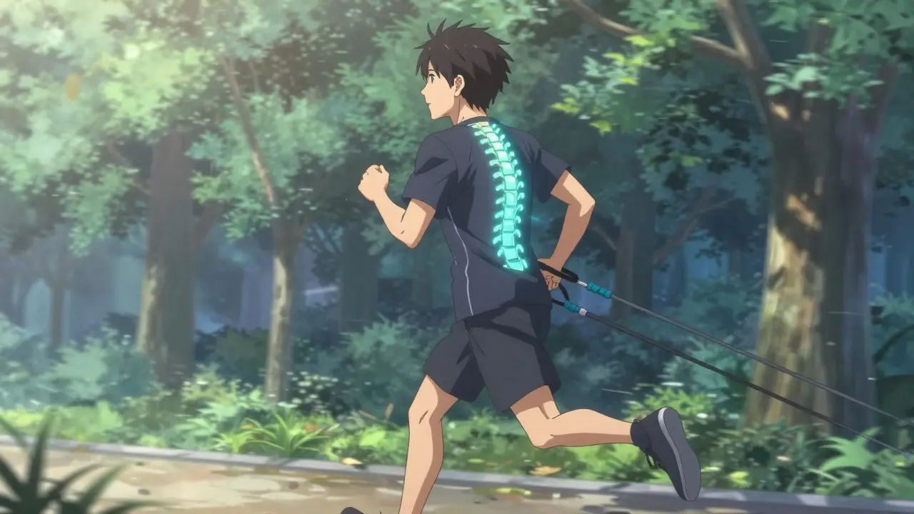 Man jogging in park with resistance bands, glowing bone visualization