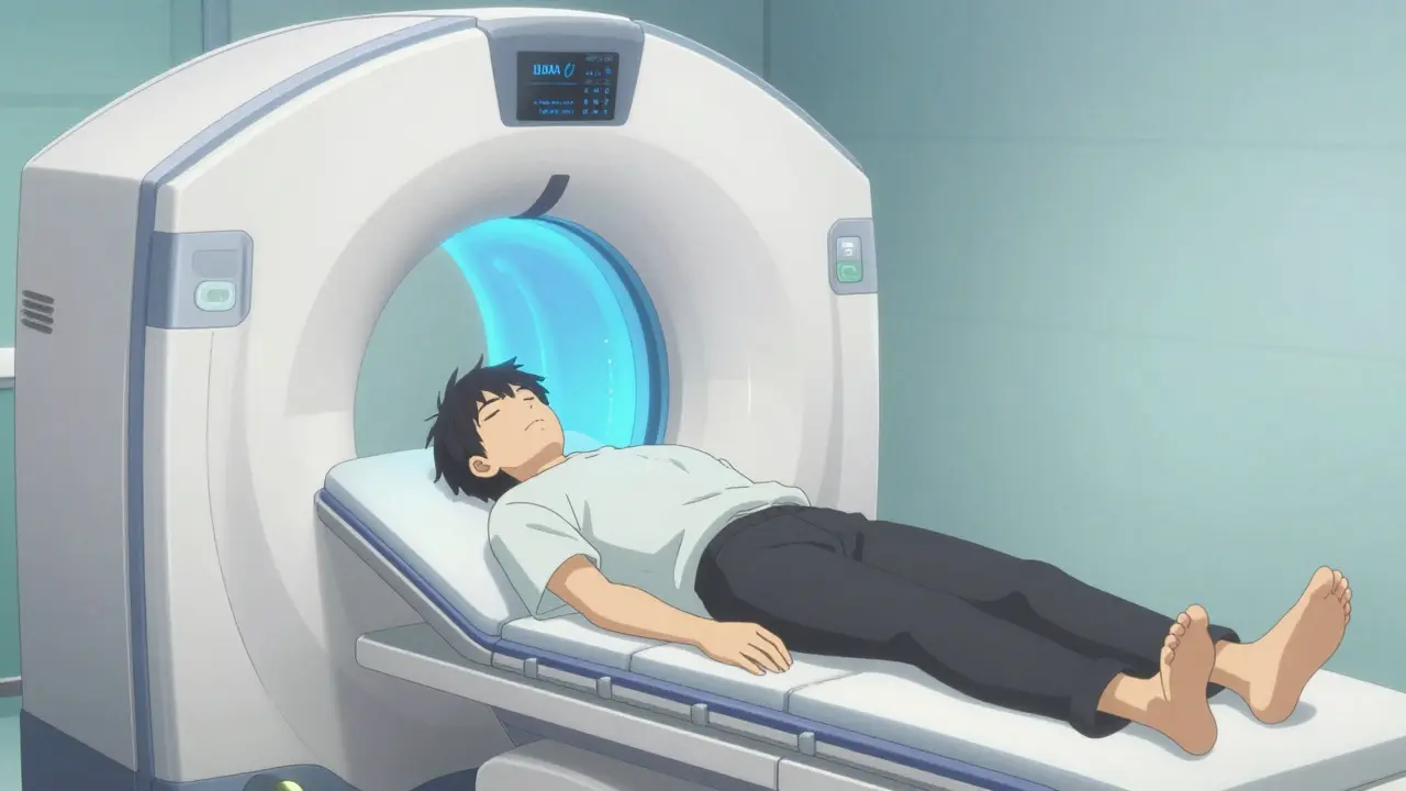 Man receiving DXA bone scan with soft blue light and glowing bones