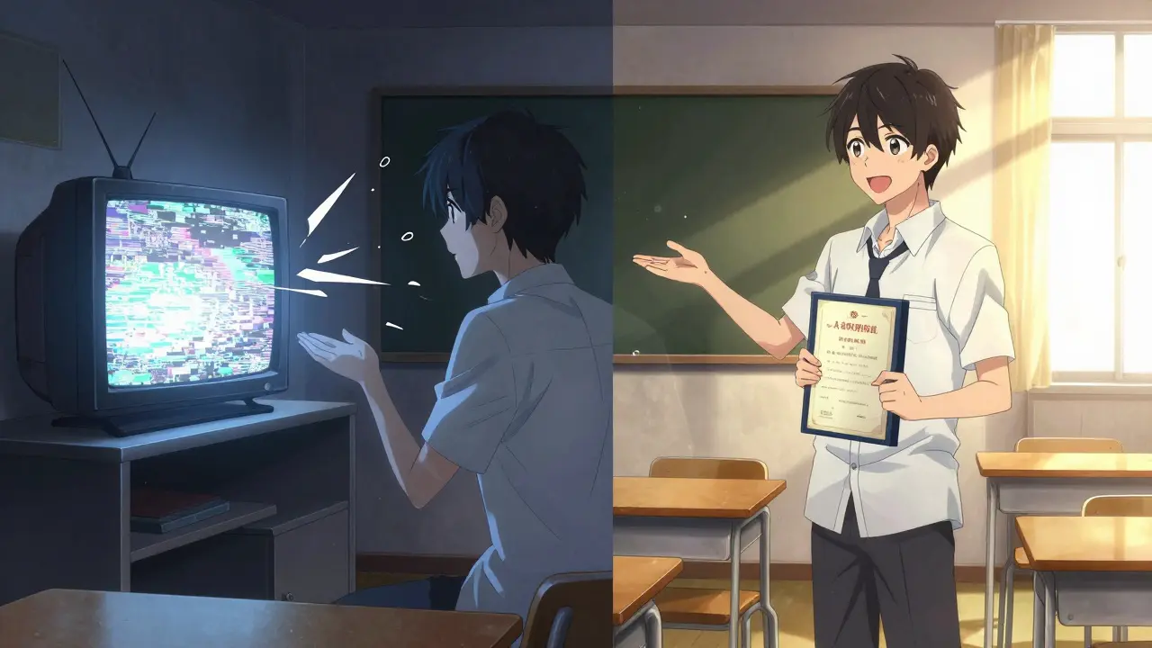 Split image: a troubled teen in darkness on one side, same person smiling in sunlight on the other, symbolizing recovery.