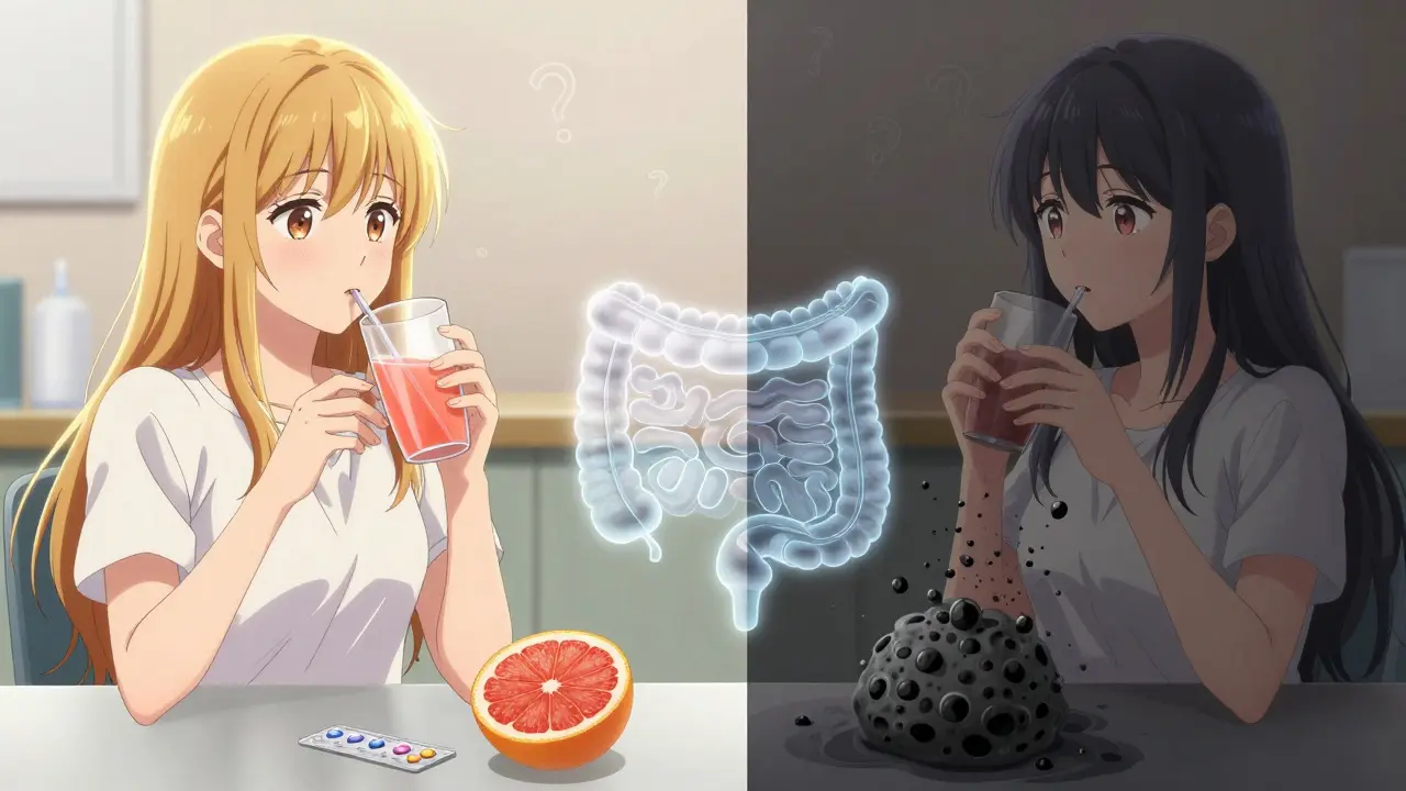 Split scene showing grapefruit juice and activated charcoal reducing birth control hormone absorption.