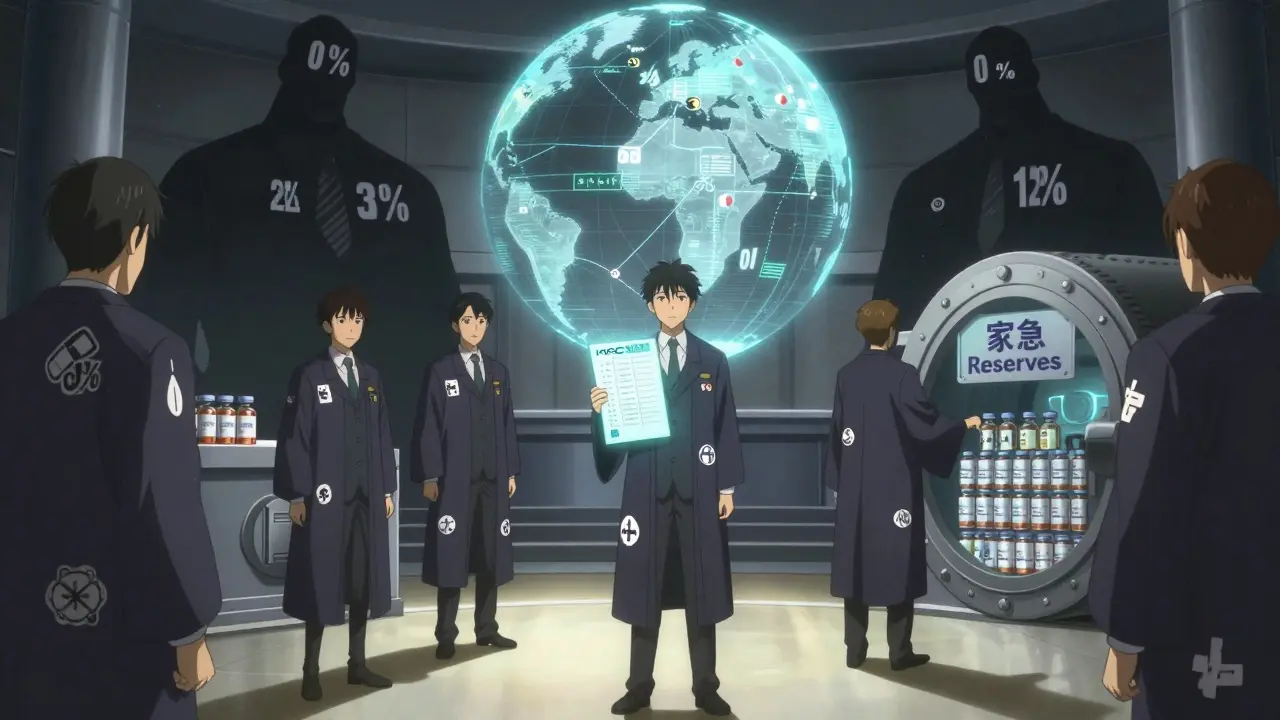 State officials manage a holographic drug supply chain, confronting shadowy corporate figures in a futuristic chamber.