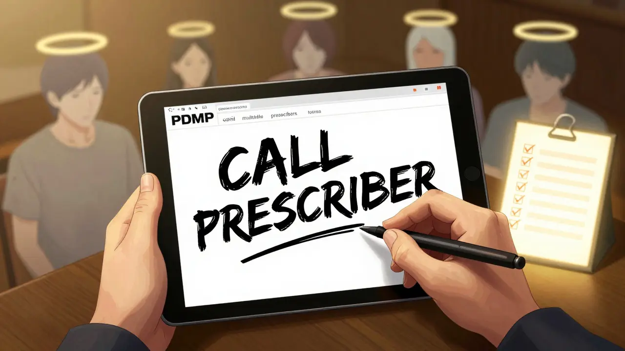 Two hands interacting with a PDMP screen and handwritten warning, surrounded by ghostly patient silhouettes.