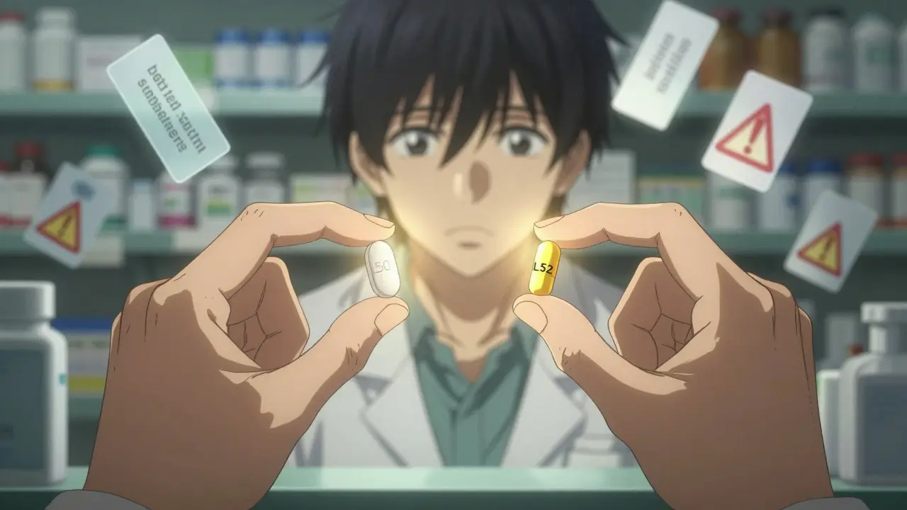 Two pills with different shapes and imprints are compared under dramatic lighting with drug class flashcards.