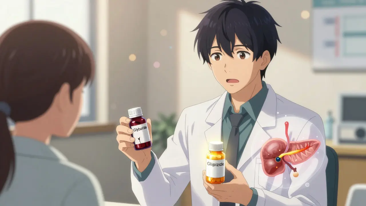 A doctor shows two diabetes medications side by side, one dangerous, one safer, with a glowing pancreas illustrating insulin release differences.