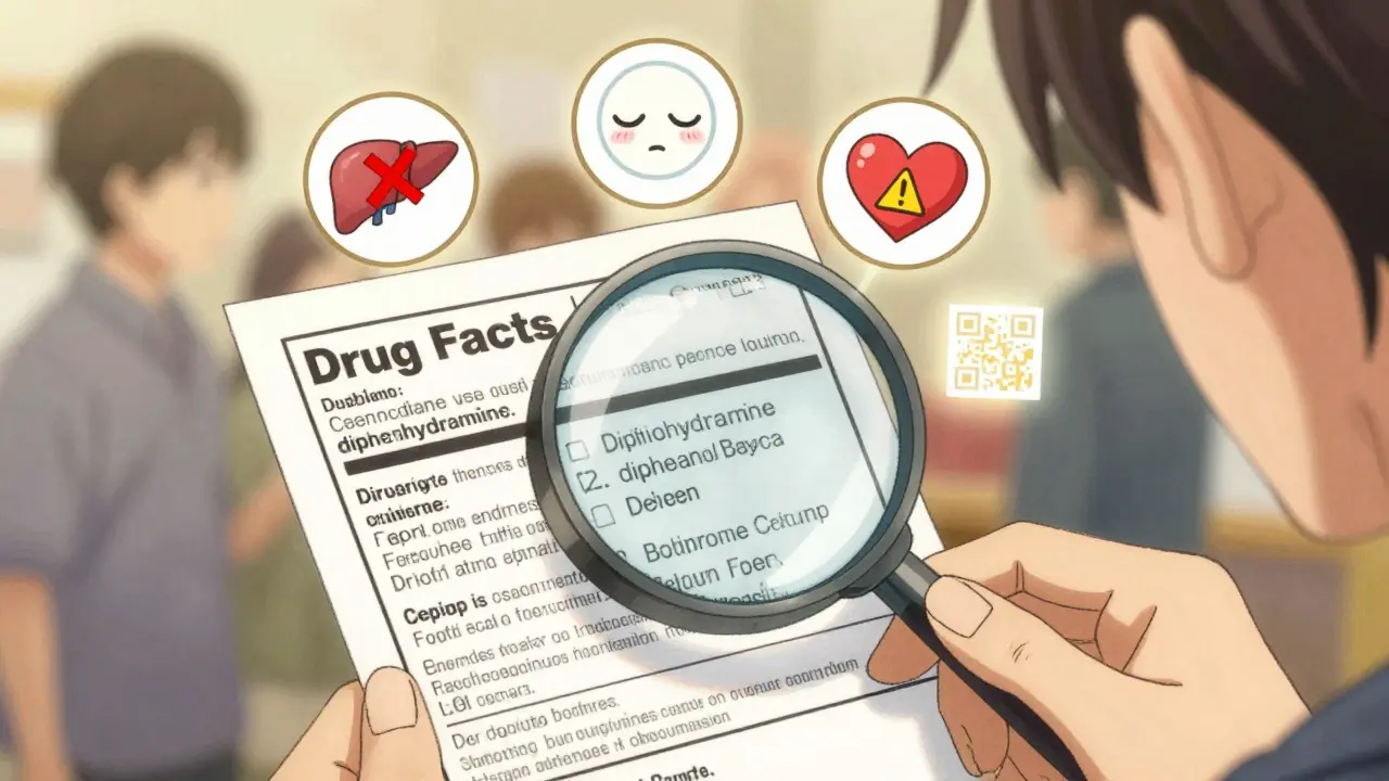 A hand reads a Drug Facts label with animated icons highlighting warnings for common OTC drug ingredients.