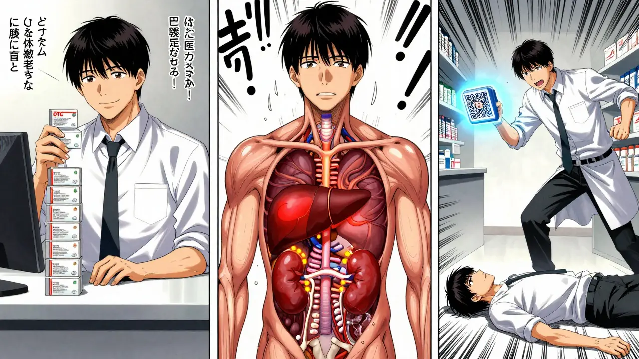 A man collapses as his body shows organ stress from OTC overdose, while a pharmacist rushes in with a scanning device.