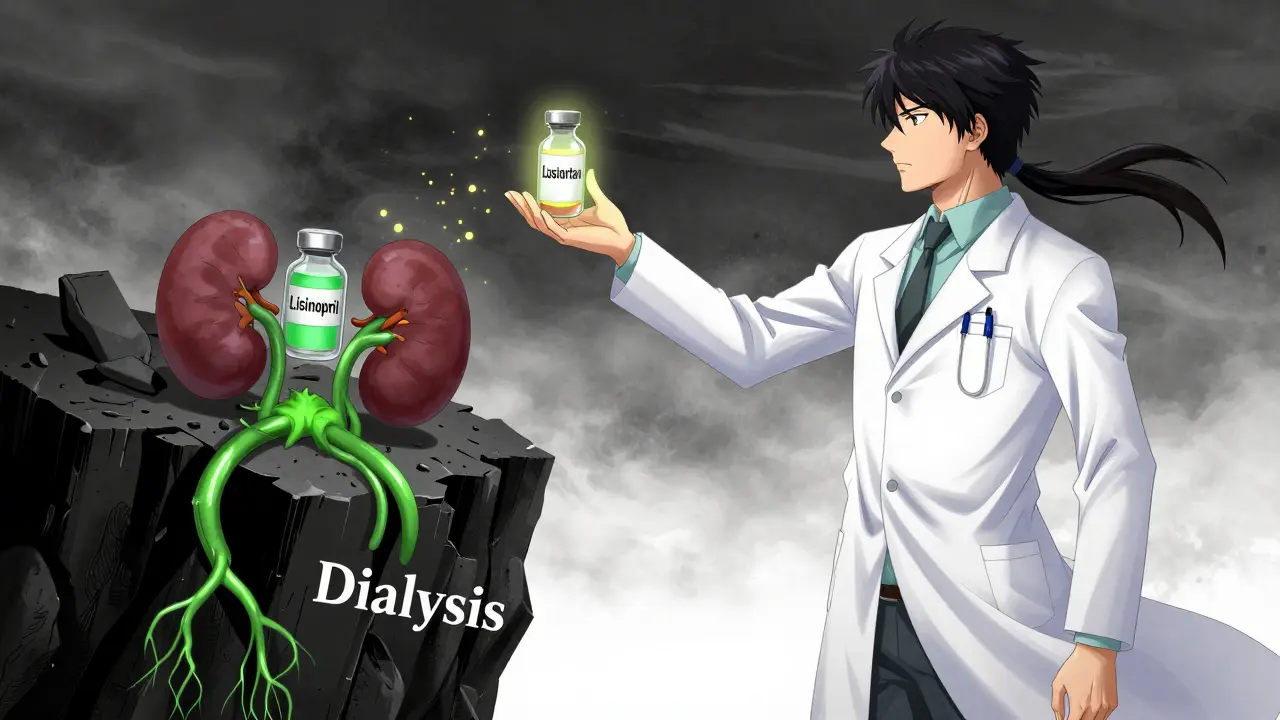 A medical hero holding protective vials of ACEi and ARB, stopping kidney decline with glowing vines of health.