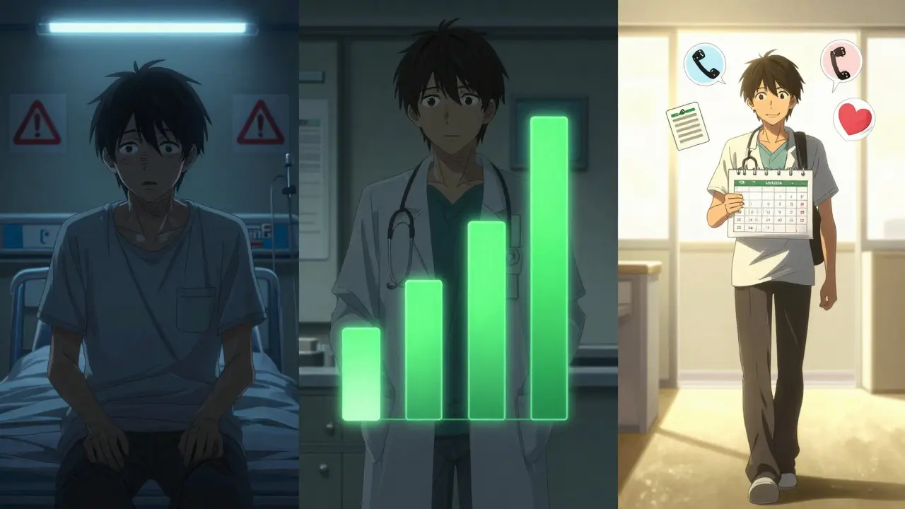 A patient's journey from fear to empowerment through safe medication tapering, shown in three panels.
