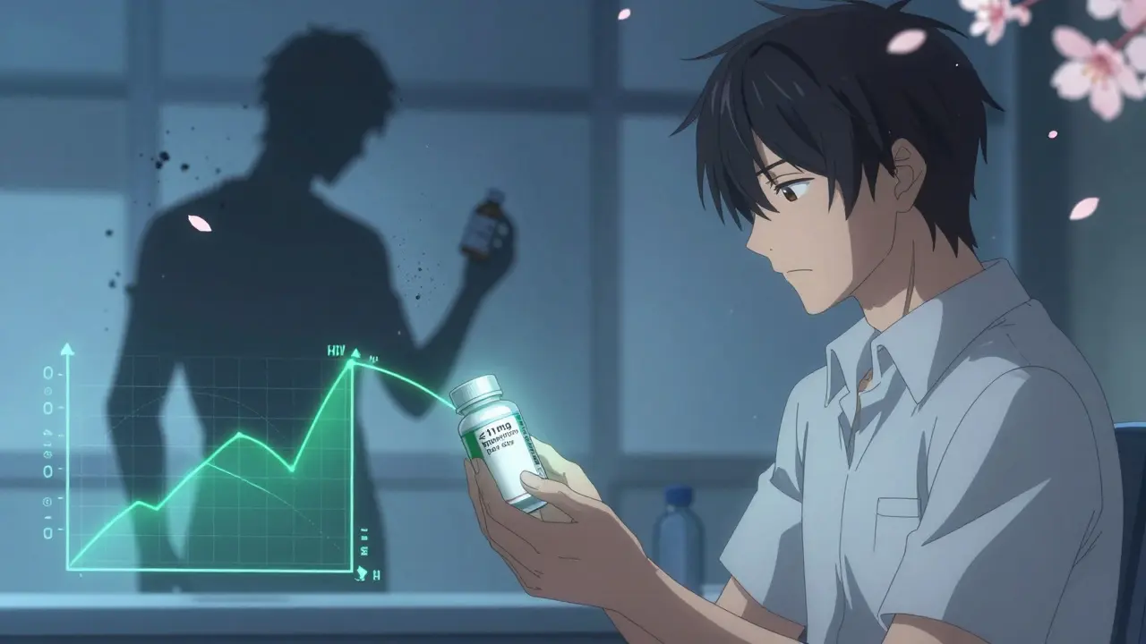 A patient reads a supplement label with confirmed low hyperforin content, while a stable viral graph glows beside them.