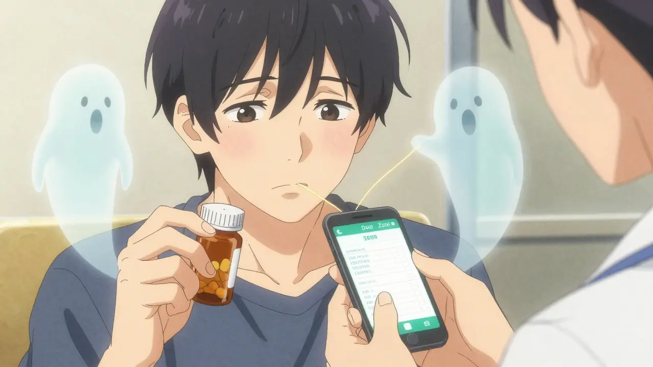 A person holds a pill bottle and symptom tracker, with faint withdrawal symptoms floating nearby.