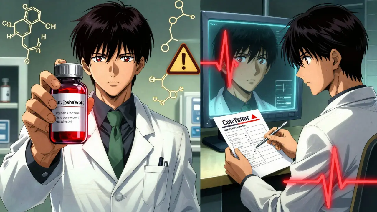A pharmacist holds an unlabeled St. John’s Wort bottle while a doctor sees a viral load spike on a lab screen.