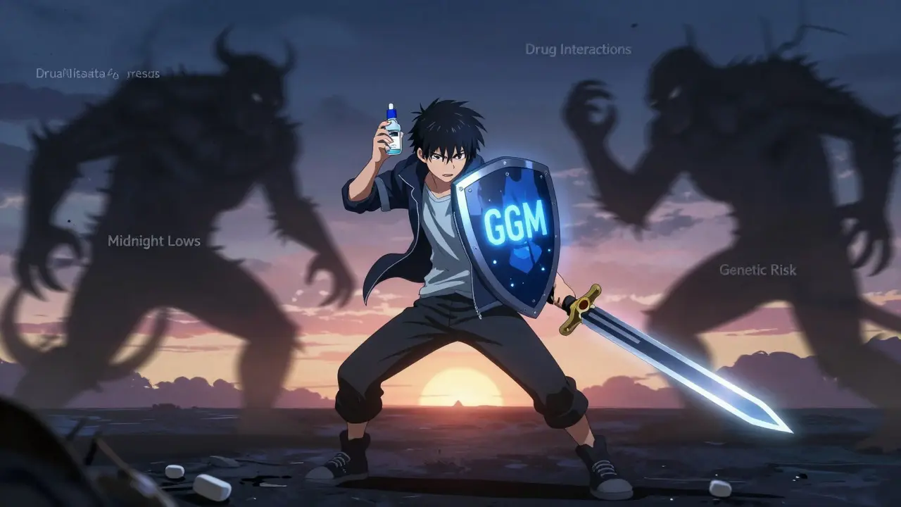 A warrior battles hypoglycemia monsters using a CGM and glucose tablets, with dawn symbolizing new treatments on the horizon.